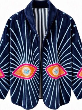 Embroidered Eye Jacket in Blue & Pink